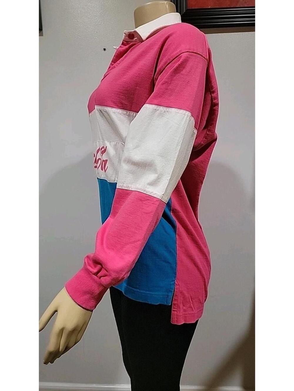 VTG 80s Coca Cola Rugby Shirt pink monoblock Size L Women's LS #C - Picture 10 of 12